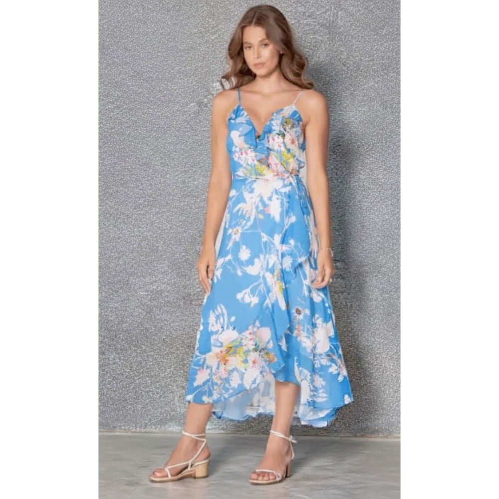 Lavender Brown Elena Dress Blue Floral Ruffle Wrap Maxi Made in USA NWT Size S